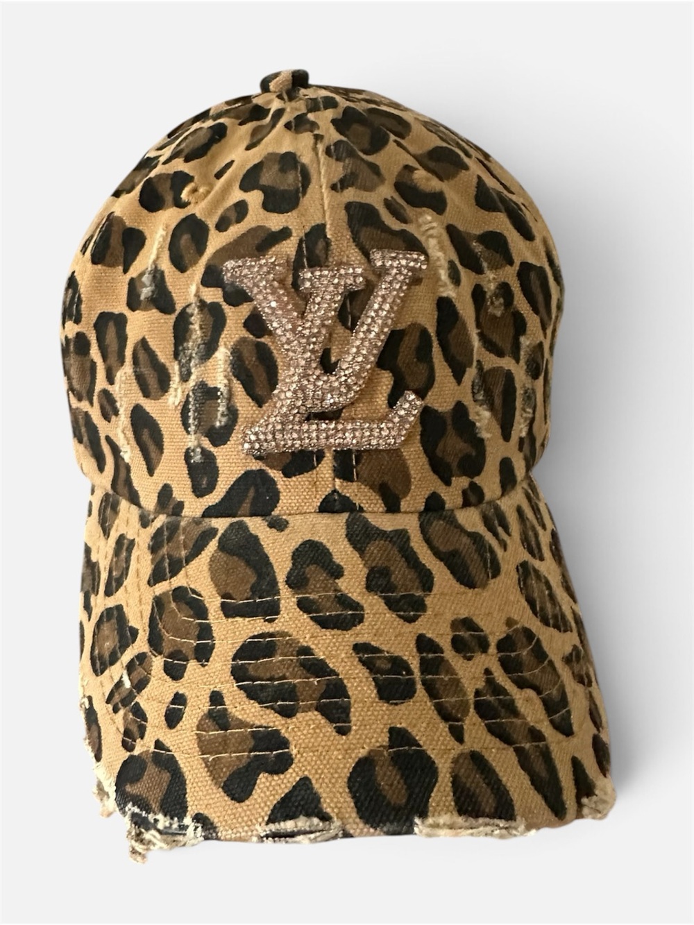 Leopard Print Baseball Cap with Crystal LV Accent - Tan/Black - Picture 4 of 5